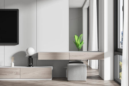 Cozy bedroom interior with beauty dresser, tv display and sideboard with pouf and decoration, hardwood floor. Panoramic window on New York skyscrapers. 3D renderingの写真素材