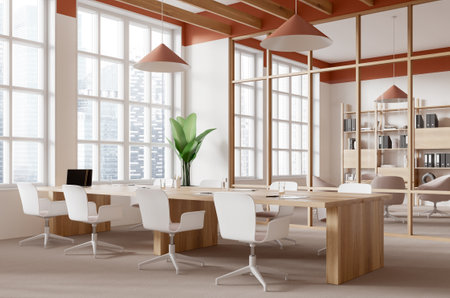 Corner view of modern office interior with conference space, chairs and board. Glass relaxing room with armchairs and shelf with documents. Panoramic window on Singapore skyscrapers. 3D renderingの写真素材