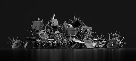 Pile of black office chairs thrown away, dark wide format background. Concept of unemployment, dismissed and jobless, unoccupied. 3D rendering illustrationの写真素材