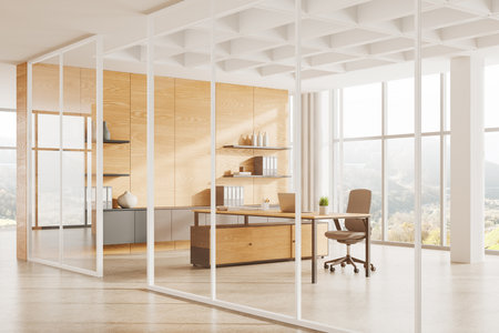 Corner view of CEO interior with laptop on wooden desk, armchair on concrete floor. Glass consulting space entrance, shelf with decoration. Panoramic window on countryside. 3D renderingの写真素材