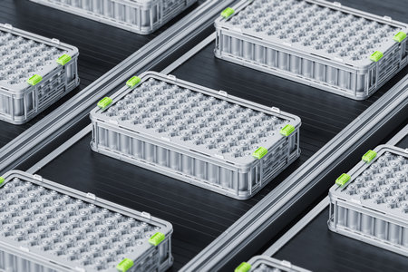 Multiple EV battery modules on a conveyor belt, industrial manufacturing concept, on a dark...