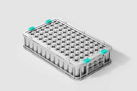 An EV battery module with cylindrical cells, depicted in a realistic style on a white background,...