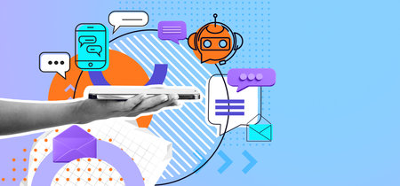Woman hand showing phone, ai chat bot doodle icons with speech bubbles, e-mail and messages on...