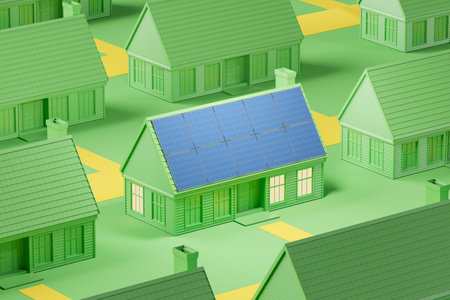 Illustrated houses with one featuring solar panels, in isometric style, on a green background,...