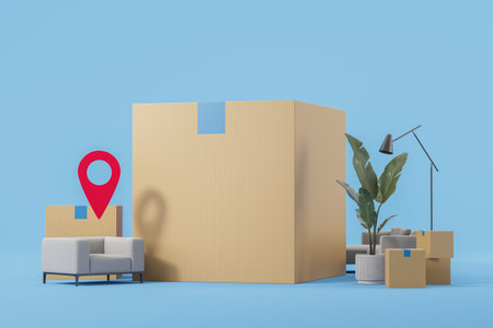 Big blank cardton box and home furniture with location mark, blue background. Concept of delivery...
