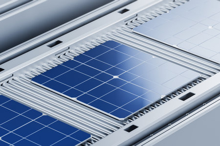 Top view close up of blue solar cell panels on assembly line. Production of devices that convert...