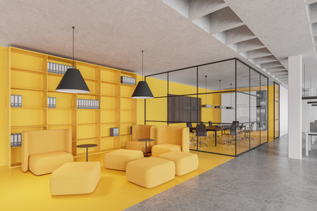 Corner view of yellow and gray office interior with glass conference room, relax space with armchairs and shelf with folders. Work and rest area in business loft. 3D renderingの写真素材