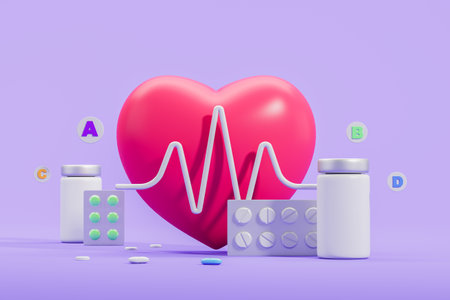 Large pink heart with pulse, pills and jars with vitamins on purple background. Concept of emergency, health care and treatment. 3D rendering illustrationの写真素材