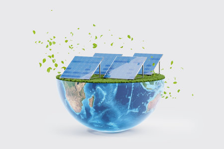 Half Earth and solar panels with falling leaves, light background. Concept of planet save, alternative sources and renewable energy. 3D rendering illustrationの写真素材