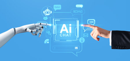 Man and robot finger touch, virtual screen with AI and chat bot hologram with message bubbles. Communication with artificial intelligence and assistance. Concept of machine learningの写真素材