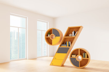 Corner view of percent sign shape of shelf in home interior with panoramic window. Concept of moving house, new apartment, interest rate and mortgage. 3D rendering illustrationの写真素材
