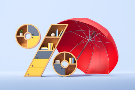 Percent sign shape of shelf with large red umbrella, blue background. Concept of insurance, mortgage, new apartment and coverage. 3D rendering illustrationの写真素材