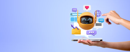 Woman hand with phone and finger touch robot icon, web windows, speech bubbles and search bar, social media. Concept of online assistant, internet and machine learning. Copy spaceの写真素材