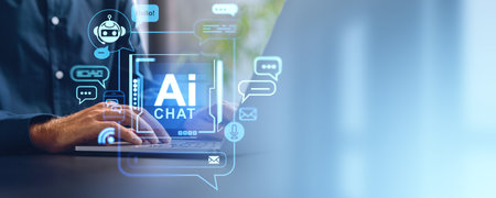 Man hands typing on laptop computer, AI and virtual assistant chat bot hologram with social media icons, digital communication and helpdesk. Copy space. Concept of machine learning and technologyの写真素材