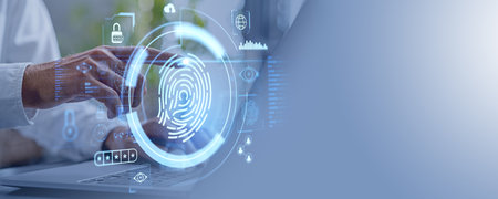 Man finger touch fingerprint glowing hologram, diverse internet security icons and copy space empty...