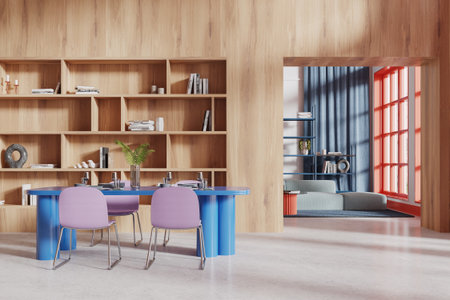 Wooden home living room interior with eating table and chairs, shelf with decoration. Soft place...