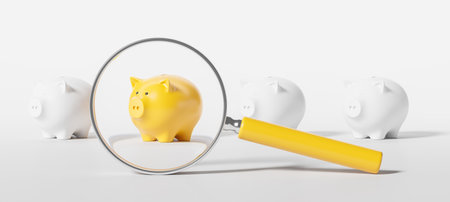 Yellow piggy bank under magnifying glass, white piggy banks in the background, white background. Concept of financial savings and investments.  3D Renderingの写真素材