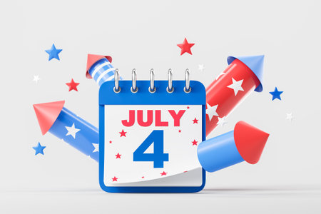 Calendar showing July 4 with rockets and stars on a light background, representing Independence Day.  3D Renderingの写真素材