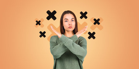 Serious woman crossing arms in front of her with black crosses in the background. Minimalist design...