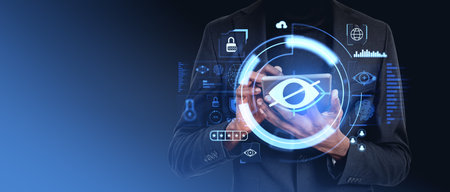 Black man hands using tablet, sensitive content hologram hud with crossed eye, indicators and...