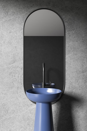 Minimalist blue pedestal sink with modern black faucet, stone wall background, bathroom interior design concept. 3D Renderingの写真素材
