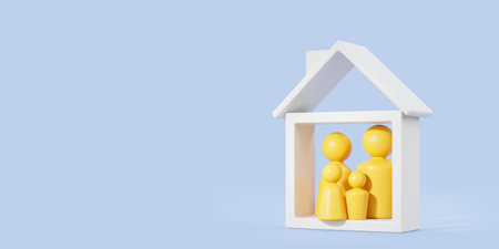 Abstract house symbol and yellow family figures, copy space blue background. Concept of mortgage, relocation, moving and new apartment. 3D rendering illustrationの写真素材