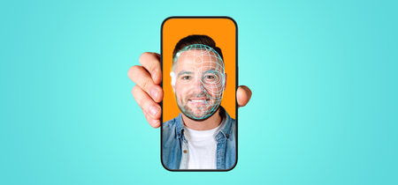 Hand showing phone with smiling man face and biometric scanning, turquoise background. Social media...