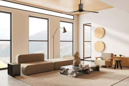 Corner view of home living room interior with sofa and armchair, wooden drawer and coffee table with art decoration. Panoramic window on countryside. 3D renderingの写真素材