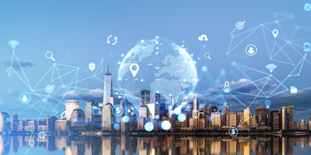 New York skyline, internet of things (IOT) and earth sphere hologram, global network and connection in cyberspace. Concept of future technologies and smart cityの写真素材