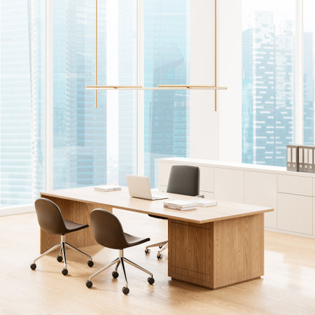 Corner view of CEO's room interior with laptop on table, work desk and chairs on hardwood floor. Consulting or client zone with panoramic window on Singapore skyscrapers. 3D renderingの写真素材