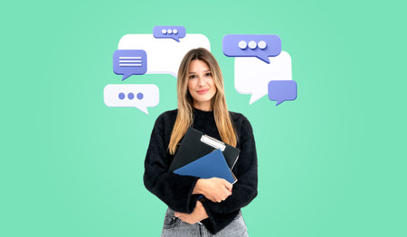 A woman holding folders is surrounded by speech bubbles on a green background, representing...