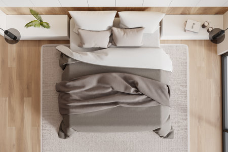 Top view of hotel bedroom interior with bed, nightstand with decoration and carpet on hardwood floor. Relaxing space with panoramic window. 3D renderingの写真素材