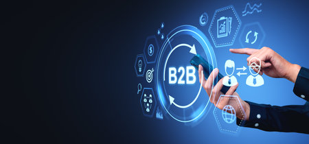 B2B concept with person using a smartphone and pointing at various digital icons, blue digital...