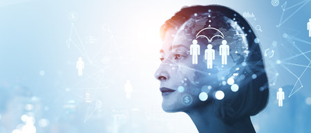 Businesswoman portrait silhouette and customer centric strategies, people figures and earth sphere. Concept of b2c, b2b, financial marketing and networkの写真素材