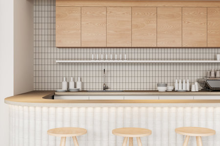 Close up of cafe interior with kitchen cabinet with sink and dishes, bar counter and stool in row. Cooking and eating space with minimalist furniture. 3D renderingの写真素材