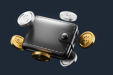 Black wallet with floating gold and silver coins on a dark background, concept of savings. 3D...