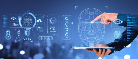 Man finger touch face id, holding tablet. Virtual screen with biometric verification. Hud hologram...
