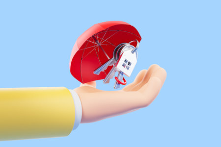 Cartoon character hand with keychain, home with umbrella on empty copy space background. Concept of...