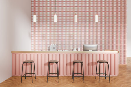 Cozy pink cafeteria interior with bar counter, dining zone with stool in row on hardwood floor. Cash desk with pc computer and coffee machine. 3D renderingの写真素材