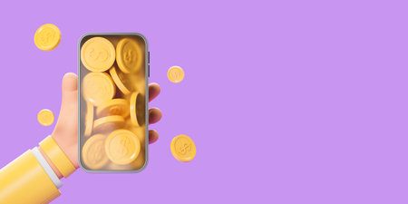 Cartoon hand with phone and coins falling, empty purple background. Cashback and earning. Concept of...