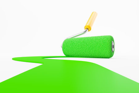 Large green roller painting a line or road, white empty background. Concept of renovation, house modernization, dye or construction. 3D rendering illustrationの写真素材