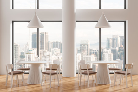 White restaurant interior with chairs and tables in row, hardwood floor. Stylish eating zone in modern cafe. Panoramic window on Kuala Lumpur skyscrapers. 3D renderingの写真素材