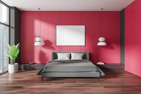 Modern bedroom with a gray bed, pink walls, and blank poster, wood floor, plants and large windows, concept of interior design and mockup. 3D Renderingの写真素材