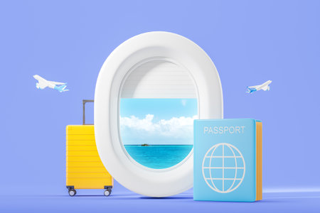 Airplane window, passport, and suitcase against blue background, travel concept.  3D Renderingの写真素材
