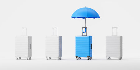 Blue suitcase under open umbrella differ from others, light background. Concept of insurance, traveling and luggage protection. 3D rendering illustrationの写真素材