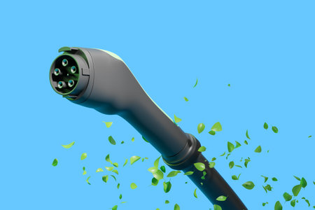 Connector for electric vehicle. Electric car charging plug and falling leaves on blue background....