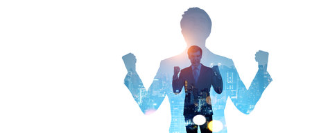 Lucky businessmen with fists up, silhouette of happy partners on empty copy space background....