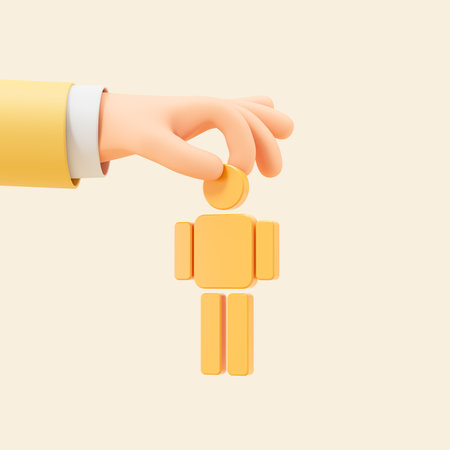Cartoon character hand holding a yellow employee figure, boss controlling employee. Concept of domination, management and leadership. 3D rendering illustrationの写真素材