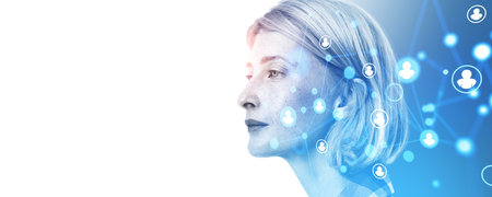 Woman portrait silhouette and glowing human icons lines connected, double exposure on empty wide...