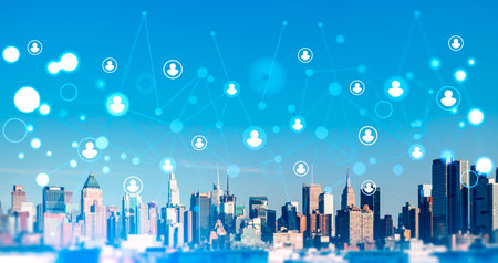 New York skyline and social media icons hologram, panoramic business city view. Concept of people...